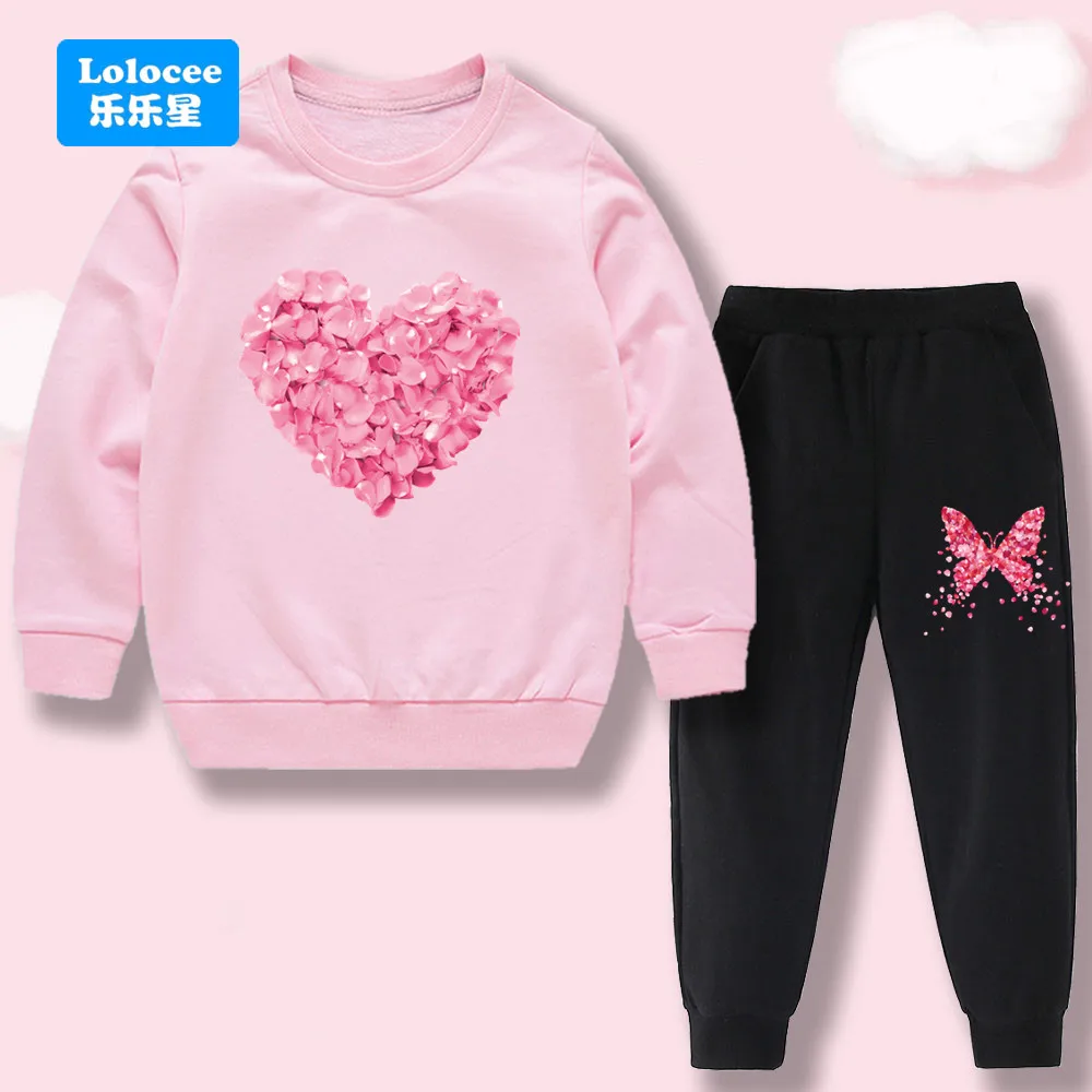 Girls Tracksuit Set 3-14y Sweatshirt with with Rose Floral Heart Shape+Joggers Kids 2Pcs Clothes Spring Autumn Outfit AXMG1