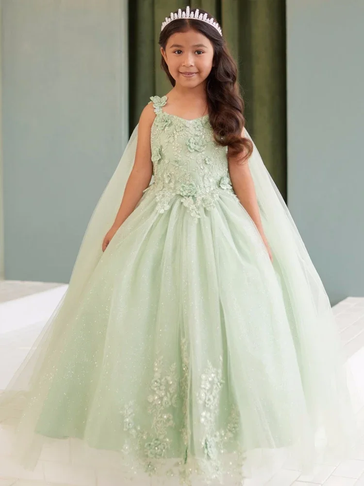 ชุดเดรสดอกไม้ Sky Blue Tulle ดอกไม้ Appliques พร้อมผ้าคลุมไหล่สําหรับงานแต่งงานวันเกิด Party Gowns จัดเลี้ยงที่กําหนดเอง