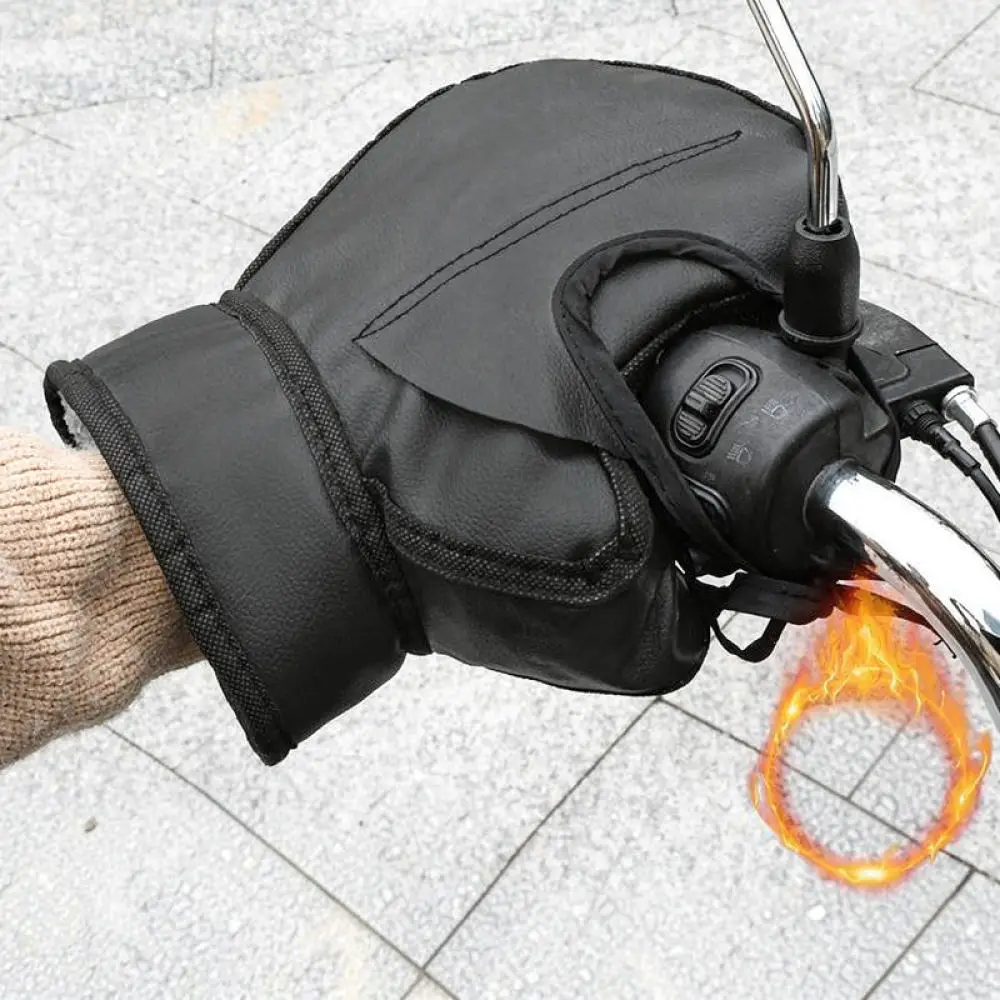 Thermal Handlebar Muffs Waterproof Pu Thickened Plush Gloves For Winter Electric Scooter Bike Outdoor Cycling Gear