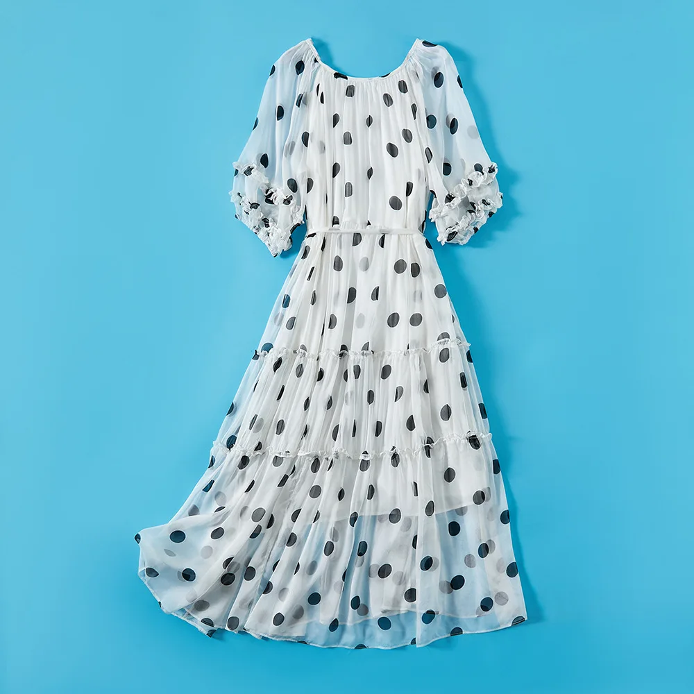 Birdsky, 1PC Women dress O neck ruffles sleeves polka dot 100% real mulberry silk georgette, S-1060