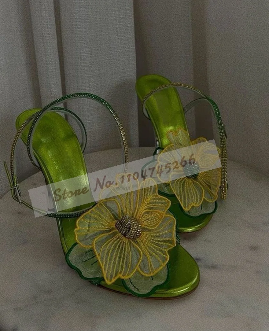 Серебряные сандалии с металлическим лезвием на каблуке и сказочным цветком, женские элегантные фиолетовые, зеленые свадебные туфли-лодочки с сетчатым цветком, туфли с блестящим ремешком и кристаллами