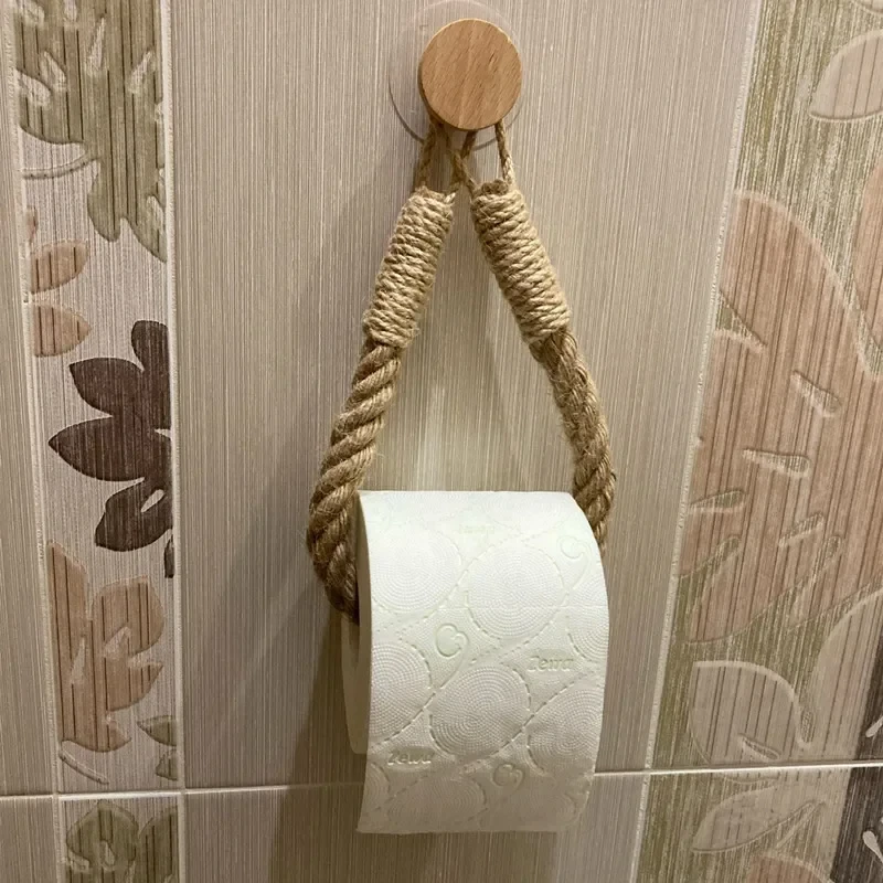 Nail-free Paper Towel Holders Rack Bathroom Towel Hook Toilet Paper Holder Towel Rack Beige Hemp Color