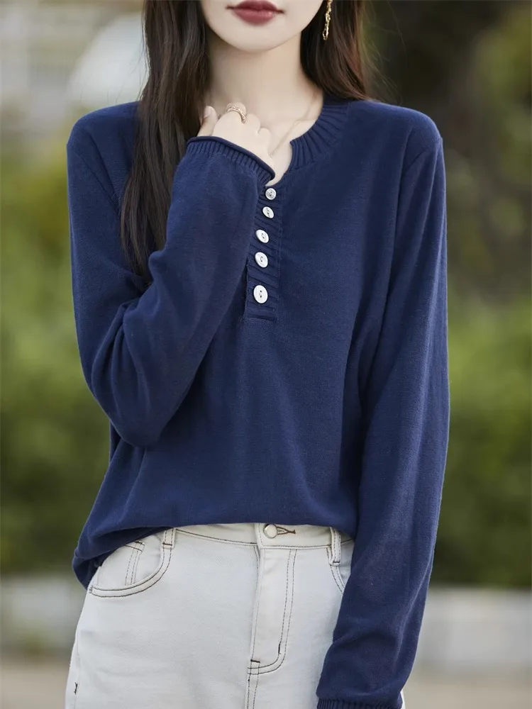 เสื้อสเวตเตอร์ถักทรงหลวมสำหรับผู้หญิง ผ้าฝ้ายแท้ 100% คอวี ทรงเข้ารูป สวมใส่สบาย เหมาะสำหรับฤดูใบไม้ร่วงและฤดูหนาว