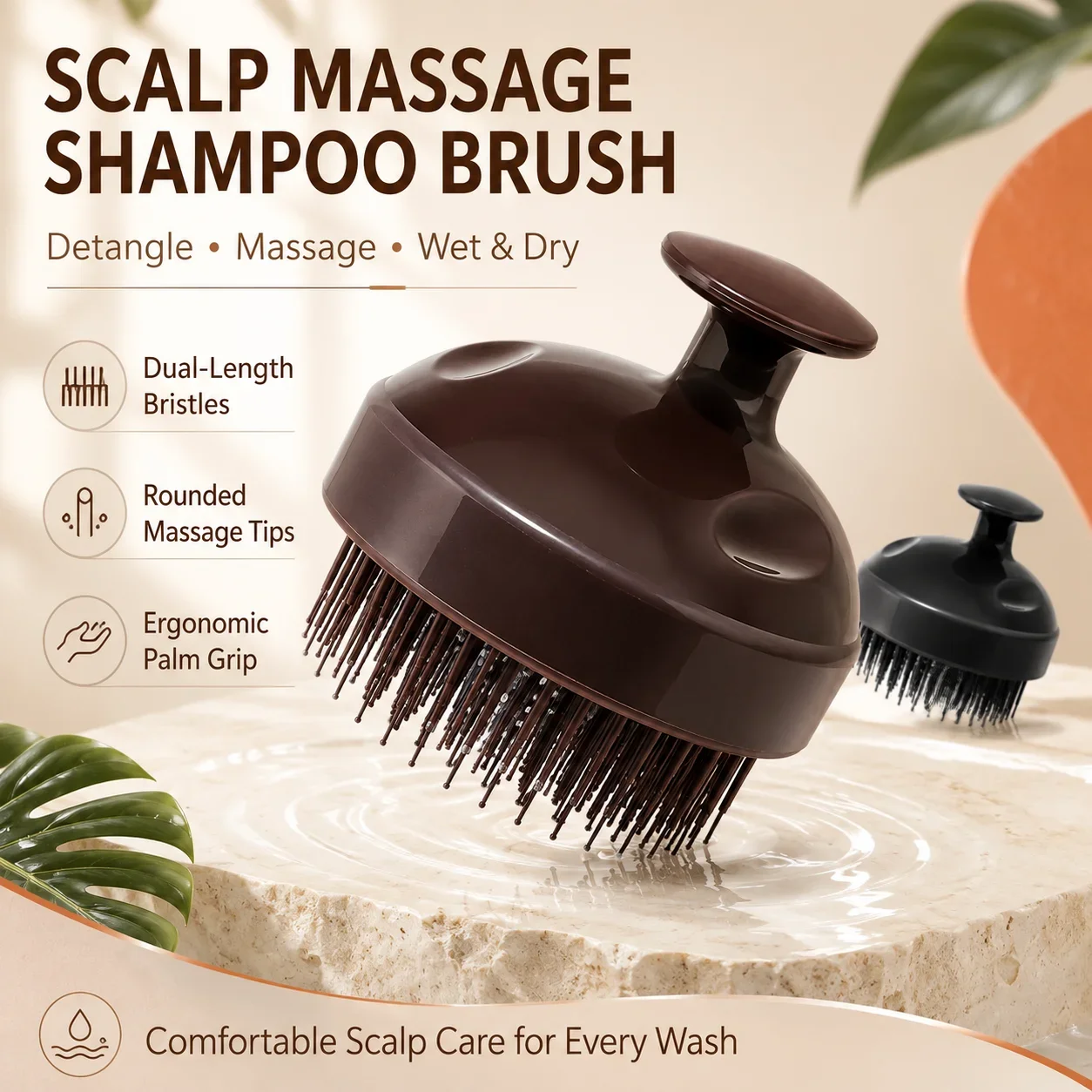 Scalp Massage Shampoo Brush Dual Length Bristles Wet Dry Detangling Hair Comb Ergonomic Palm Grip for Men Women Shower Hair Care