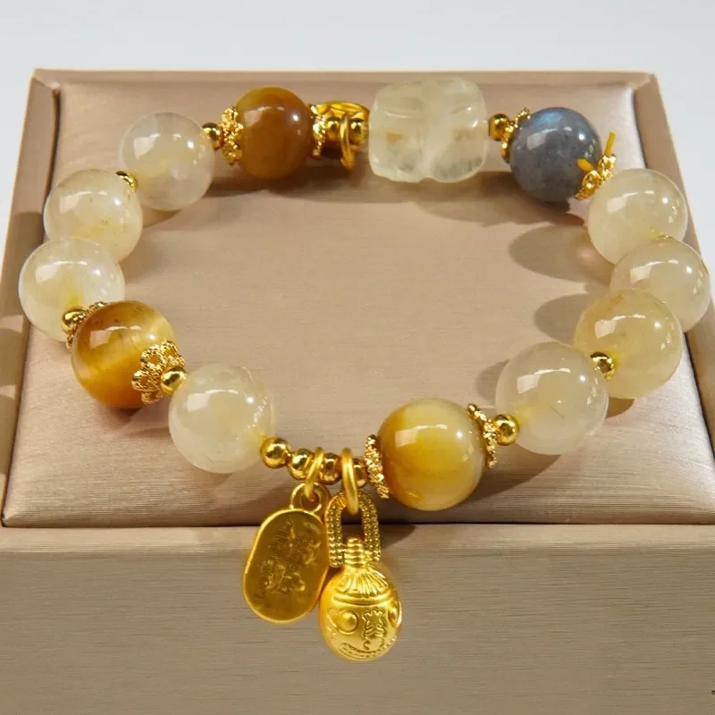 Authentic natural golden hair crystal gold-swallowing beast bracelet, titanium crystal yellow hair crystal moonstone