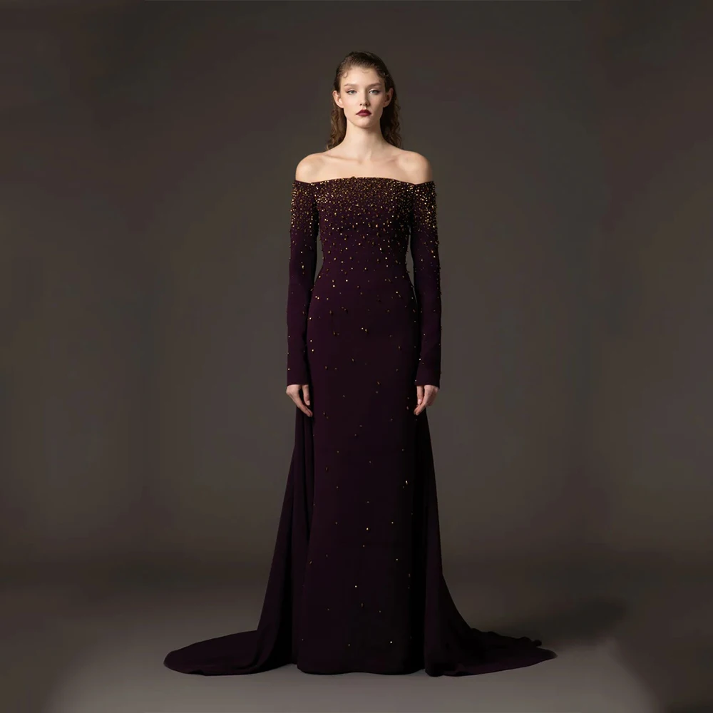 

DRESS FORU Classic Evening Dresses Jersey for Floor-Length One Word Collar Prom Dress Beads Vestidos De Fiesta Customized