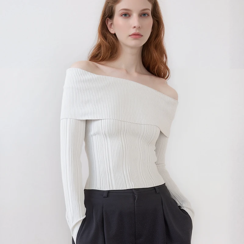 2025 Autumn Women Long Sleeve Off Shoulder Pullover Sweater Fall Elegant Slim Fit Casual Solid Color Knitted Top Sexy Knitwear