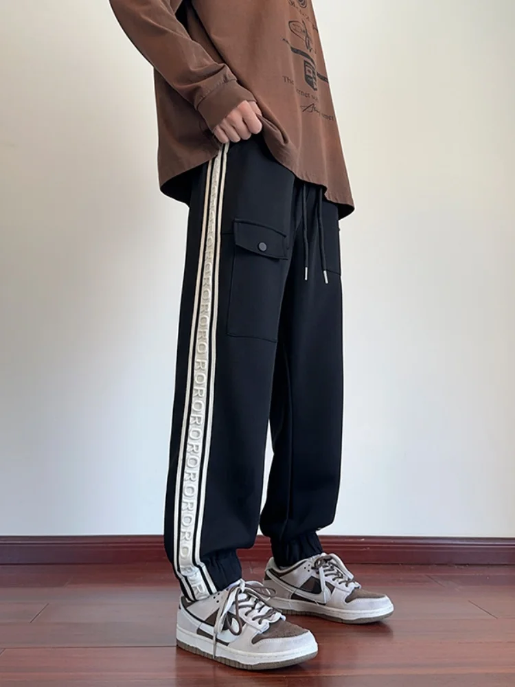 

Мужские спортивные брюки оверсайз для весны и осени, в американском ретро-стиле, с полосками, повседневные, свободного кроя, прямые штанины
