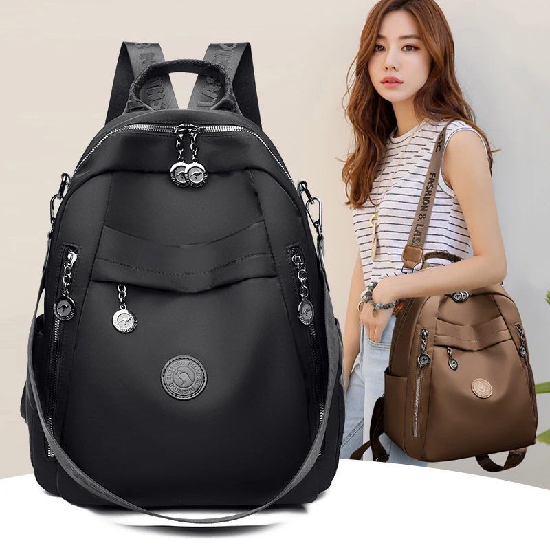 Women Large Capacity Nylon Backpack with Luggage Strap Convertible Travel Bag Ladies Multi-pocket Casual Daily School Rucksack