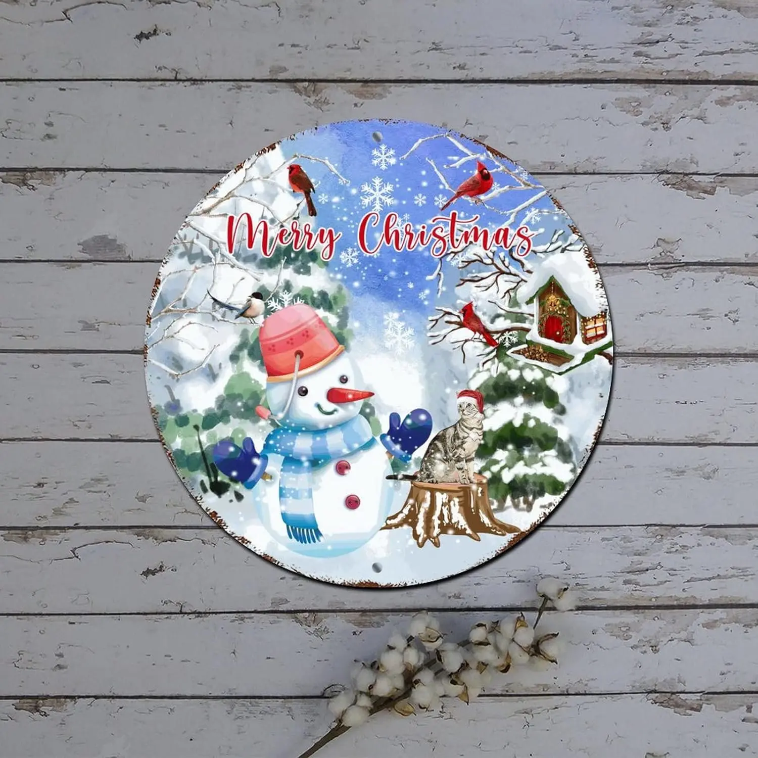 Metal Merry Christmas Sign Winter Scene Snowman Cat with Santa Hat Round Metal Tin Sign Christmas Cabinet Decorations Shabby Met