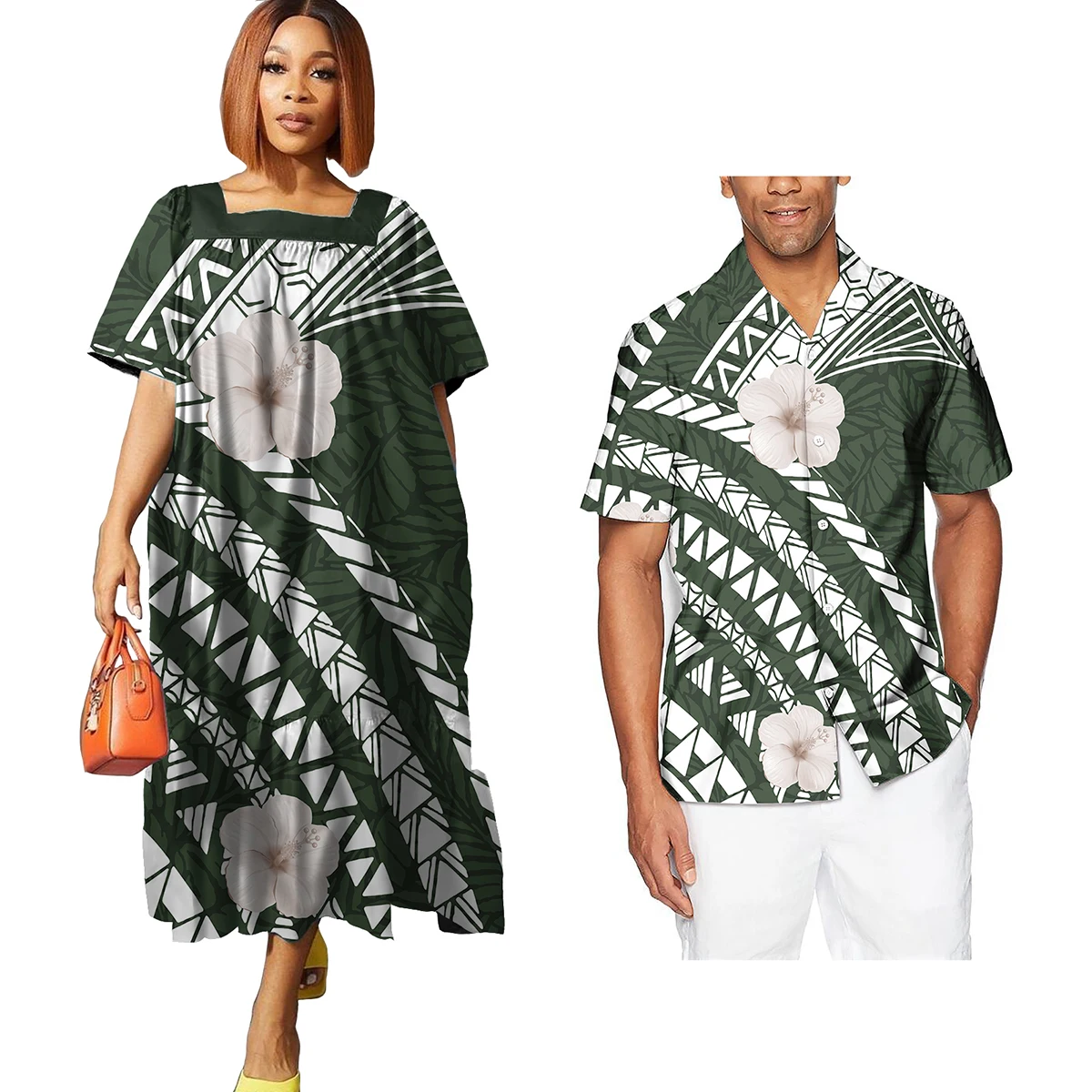 Custom Logo Wedding Party Couple Sets Polynesian Tribal Fijian Print Couple Matching Outfit Clothes Women Dress Men Aloha Shirts