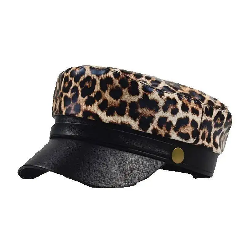 

Newsboy Hats and Caps Women's Octagonal Hat Leopard Print Beret Leather Lace Octagonal Versatile PU Military Autumn Winter