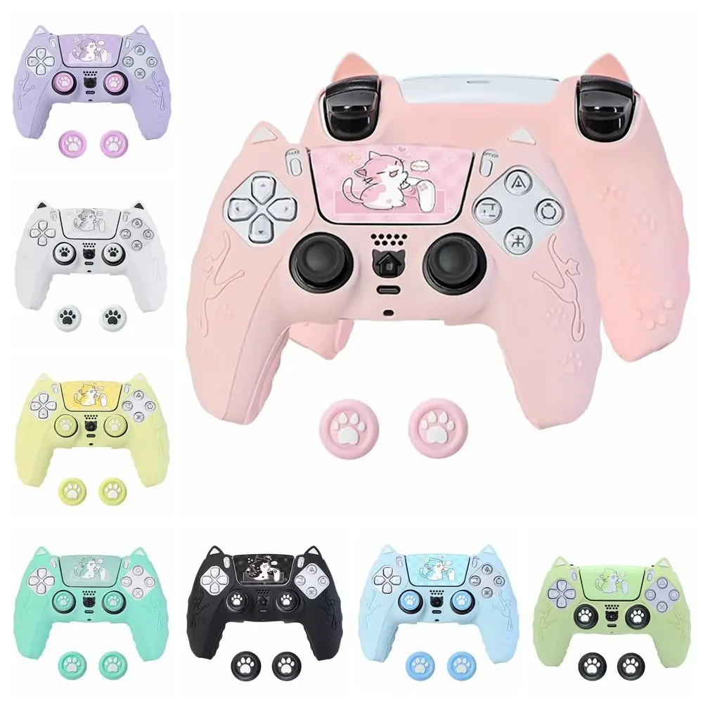 

Silicone Controller Case Set Cat Paw with Thumb Grip Caps Controller Skin Anti-slip with Sticker Protective Shell Cover for PS5