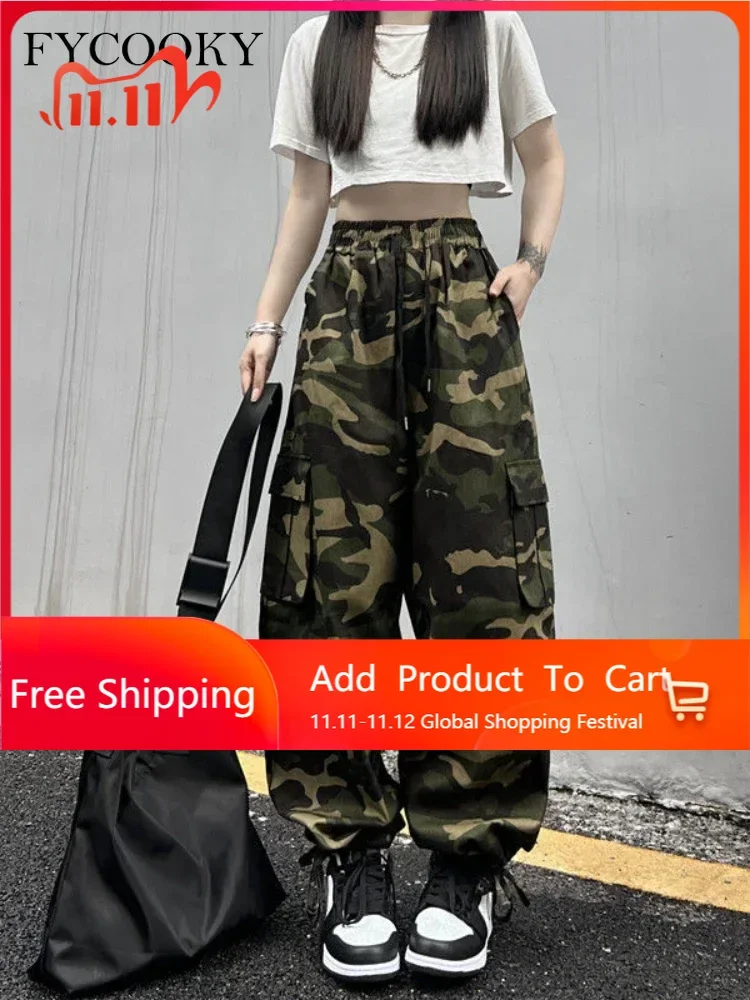 Calças americanas vintage camufladas de carga para mulheres, calças largas e retas soltas, novas streetwear, verão