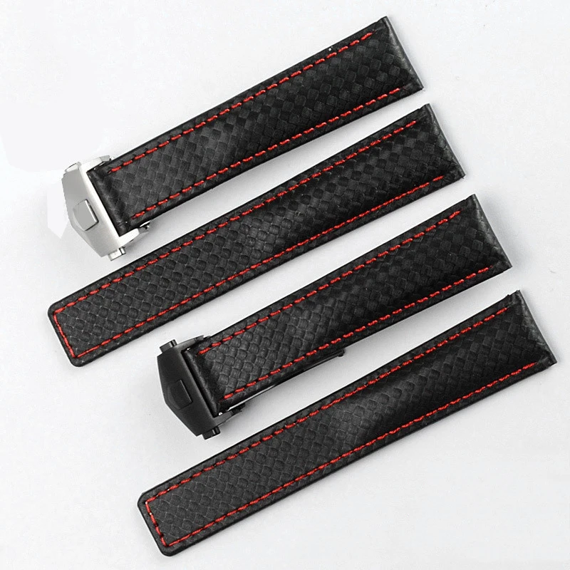 

19/20/22mm waterproof carbon fiber lea-ther bracelet for TAG Heuer Aquaracer 300 Heritage 6/Carrera series folding buckle strap