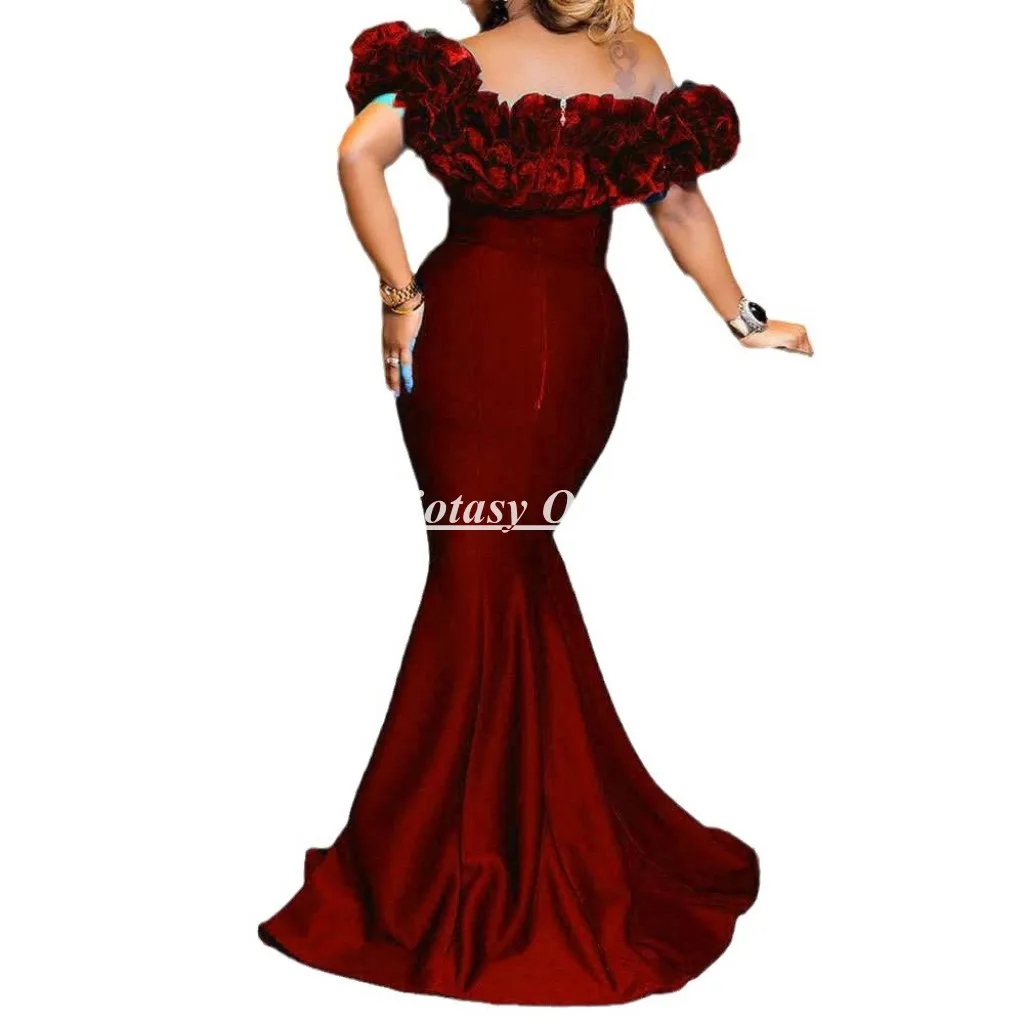

Customized Off Shoulder Burgundy Mother Of The Bride Dresses Mermaid Handmade Flowers Formal Party Dress SC001