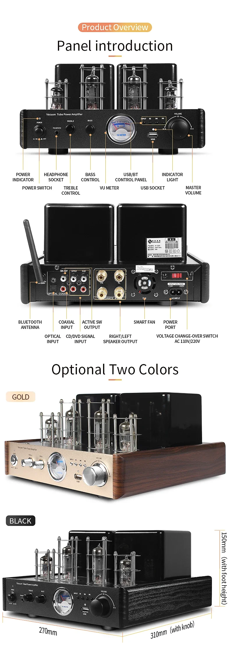 2024 Newest AV-2030R Vintage Tube Power Amplifier Optical Function Home Amplifier Speaker Features USB Sound