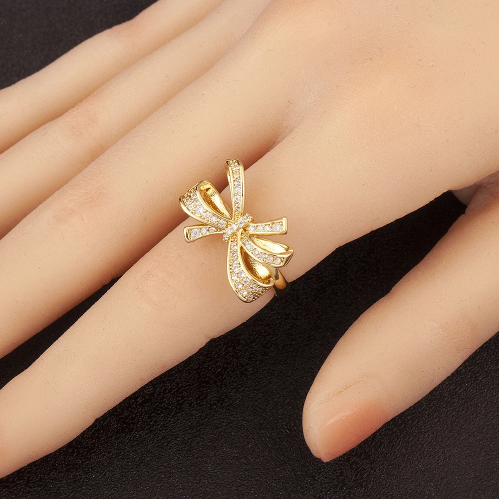 AIBEF Cute Elegant 5 Style Bow Shape Adjustable Opening Rings Women Copper Zircon Jewelry Temperament Sweet Accessory Girl Gift