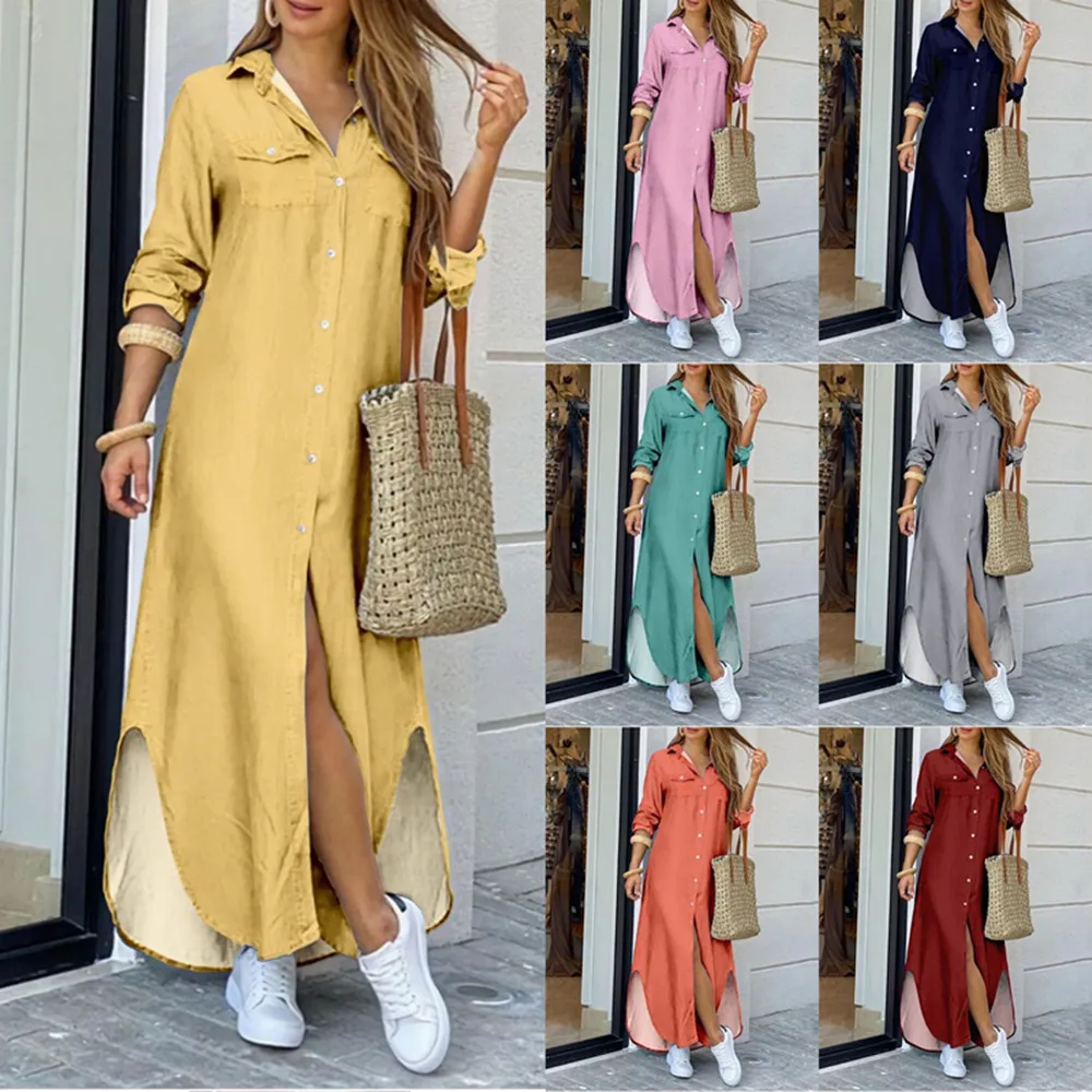 Casual Long Shirt Dress Autumn Women Long Sleeve Maxi Dresses Laides Turn-down Collar Office Dresses Loose Sundress Robe Longue