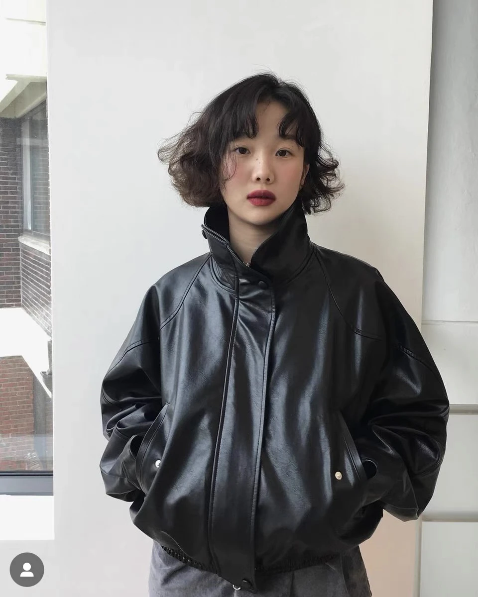Loose Casual Bla PU Leather Jaet ort Sle Stand Collar Zipper Closure Women's Autumn Winter Faion Outerwear Coat