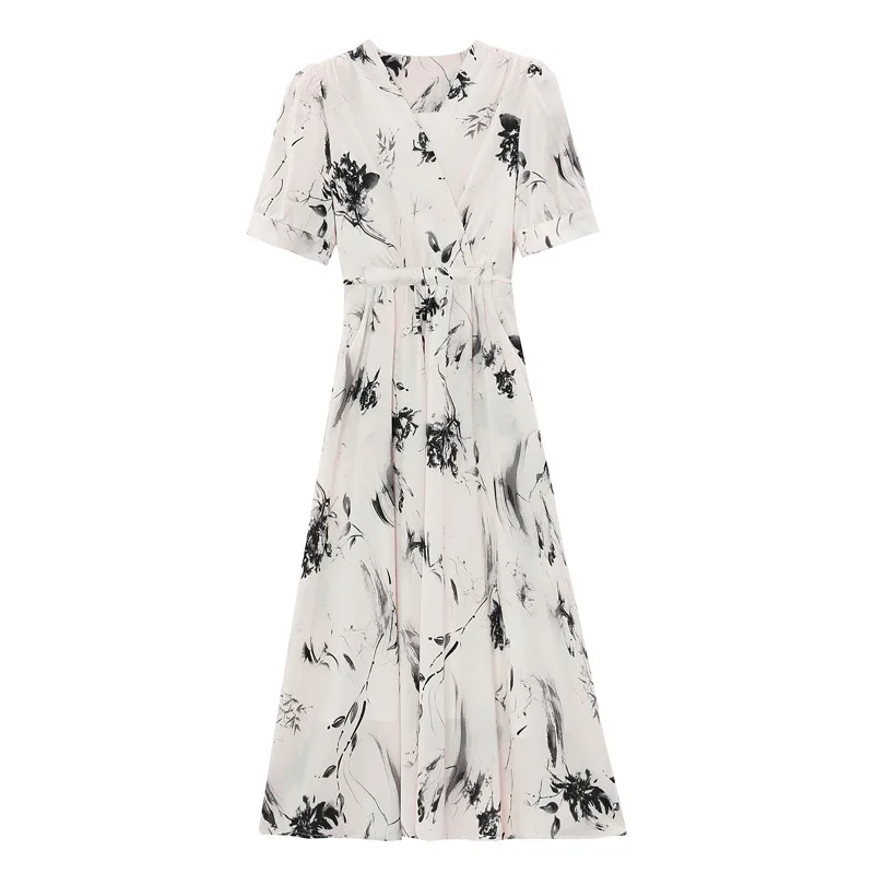 Robe à fleurs blanche pour femmes, nouvelle mode d'été, taille de tempérament, haut de gamme, délicate pause thé français, petite jupe longue, 2025