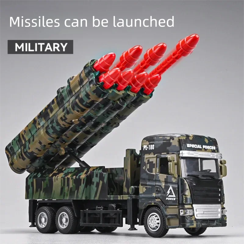 1:32 Alloy Missile Truck Model Car Toy Rocket Launcher Vehicle Diecast Sound Pull Back Military Models For Boy Birthday Gifts