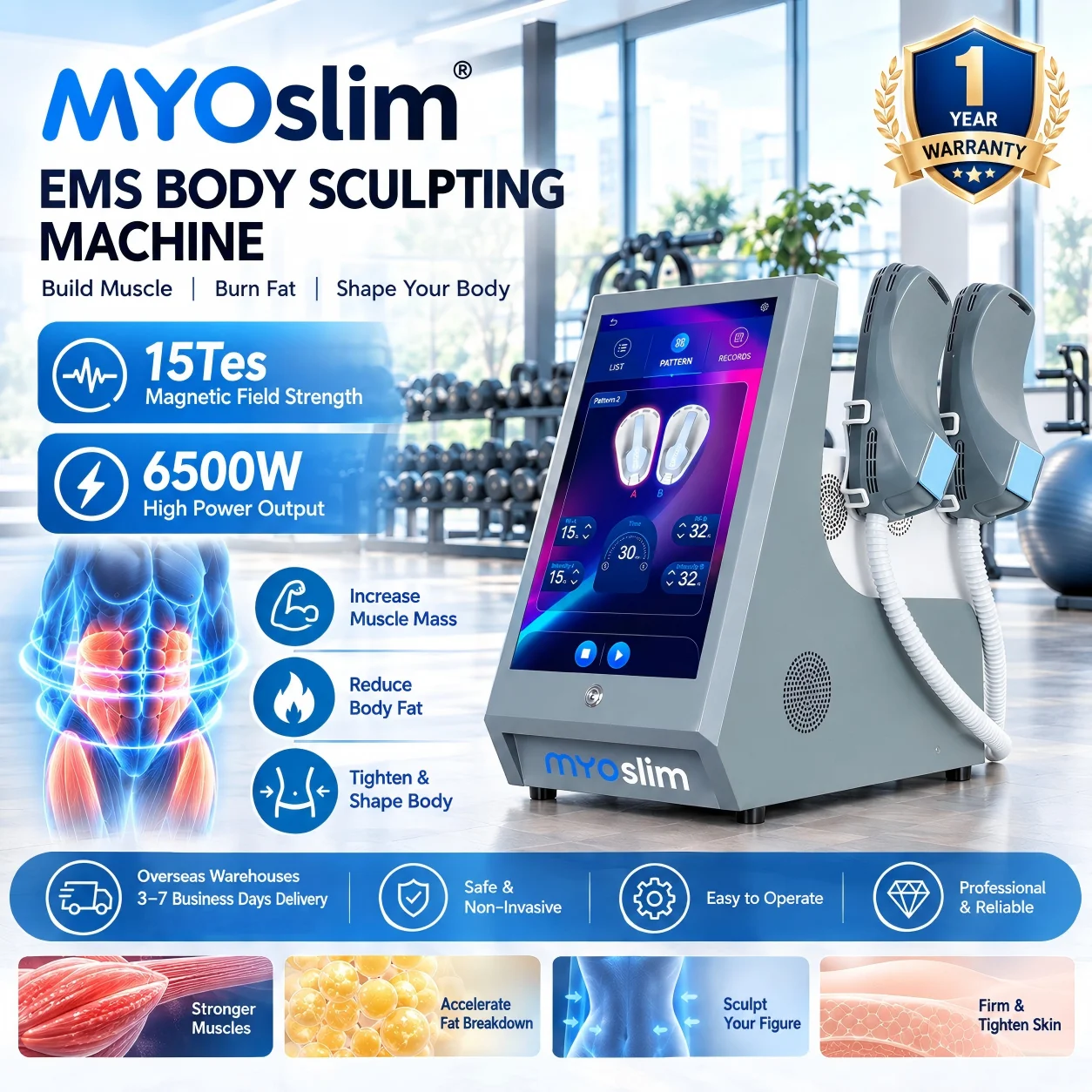 MYOslim EMS Body Muscle Stimulator HI-EMT Sculpting Machine Muscle Building Body Toning Fat Burning Ab Trainer for Beauty Salons