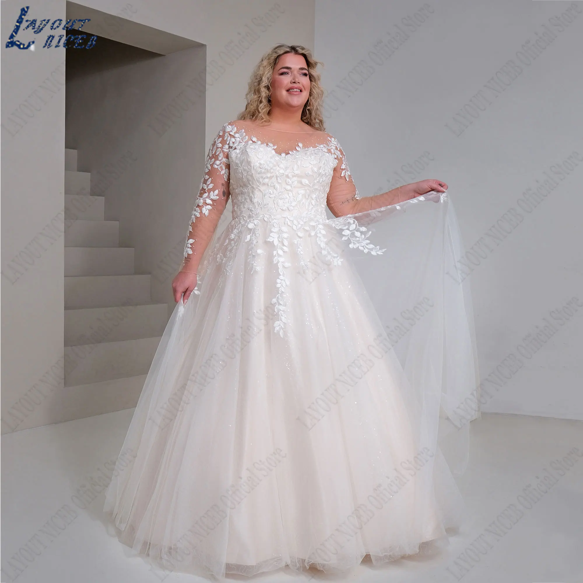 LAYOUT NICEB Scoop Neck Tulle Bride Dresses A-Line Plus Size Wedding Gowns Long Sleeves Backless Back Buttons свадебное платье