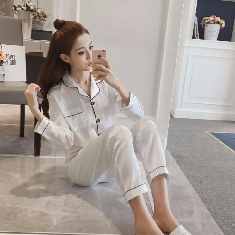 Girls' Ice Silk Pajamas Women's Spring and Autumn Long Sleeve and Long Pants Set Plus Size Loose and Casual Home Wear for Women