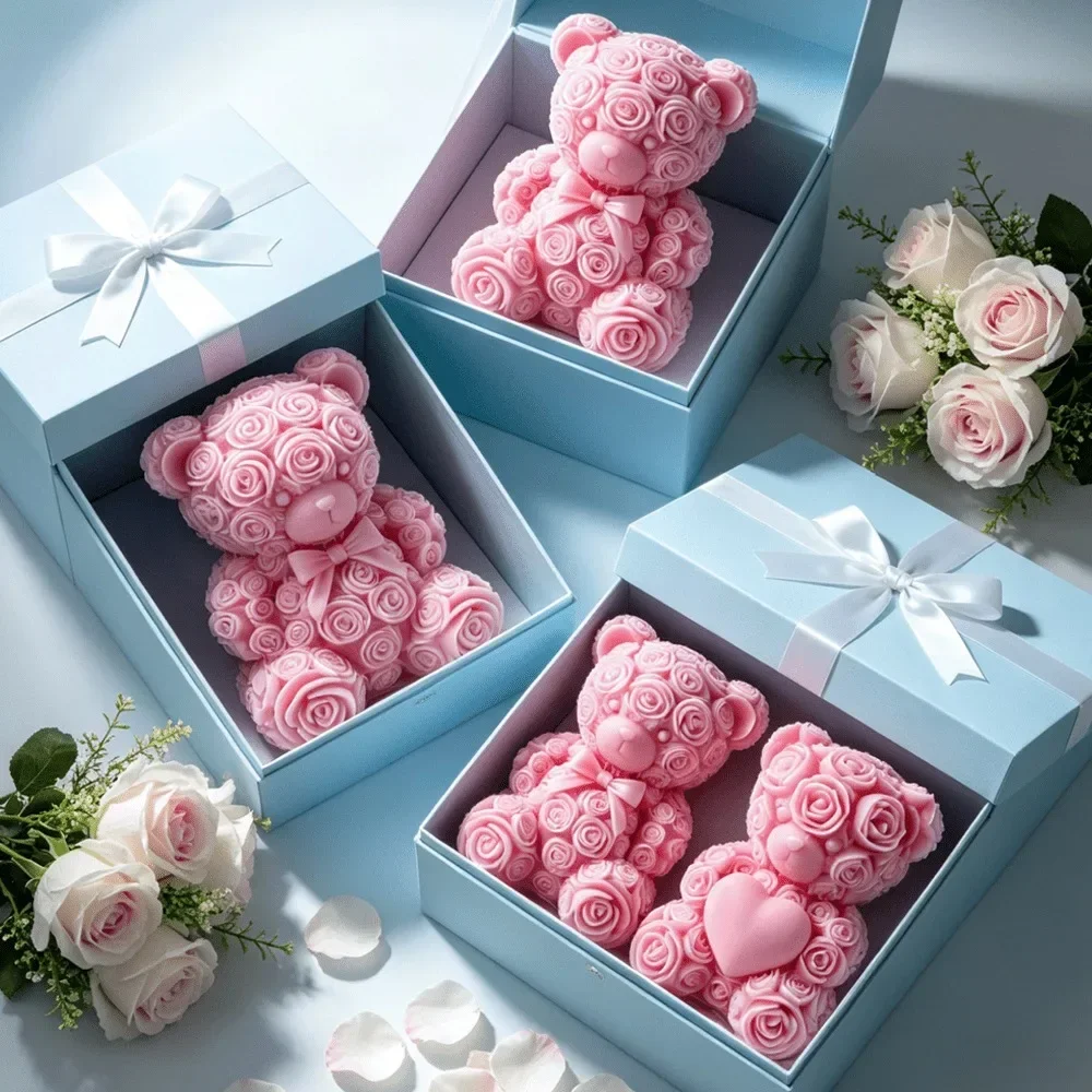 2-teilige Silikonform „Rosen-Teddybär“ mit Fliege für DIY-Seifen, Harzornamente und Jubiläums-Gastgeschenke – Detail 4