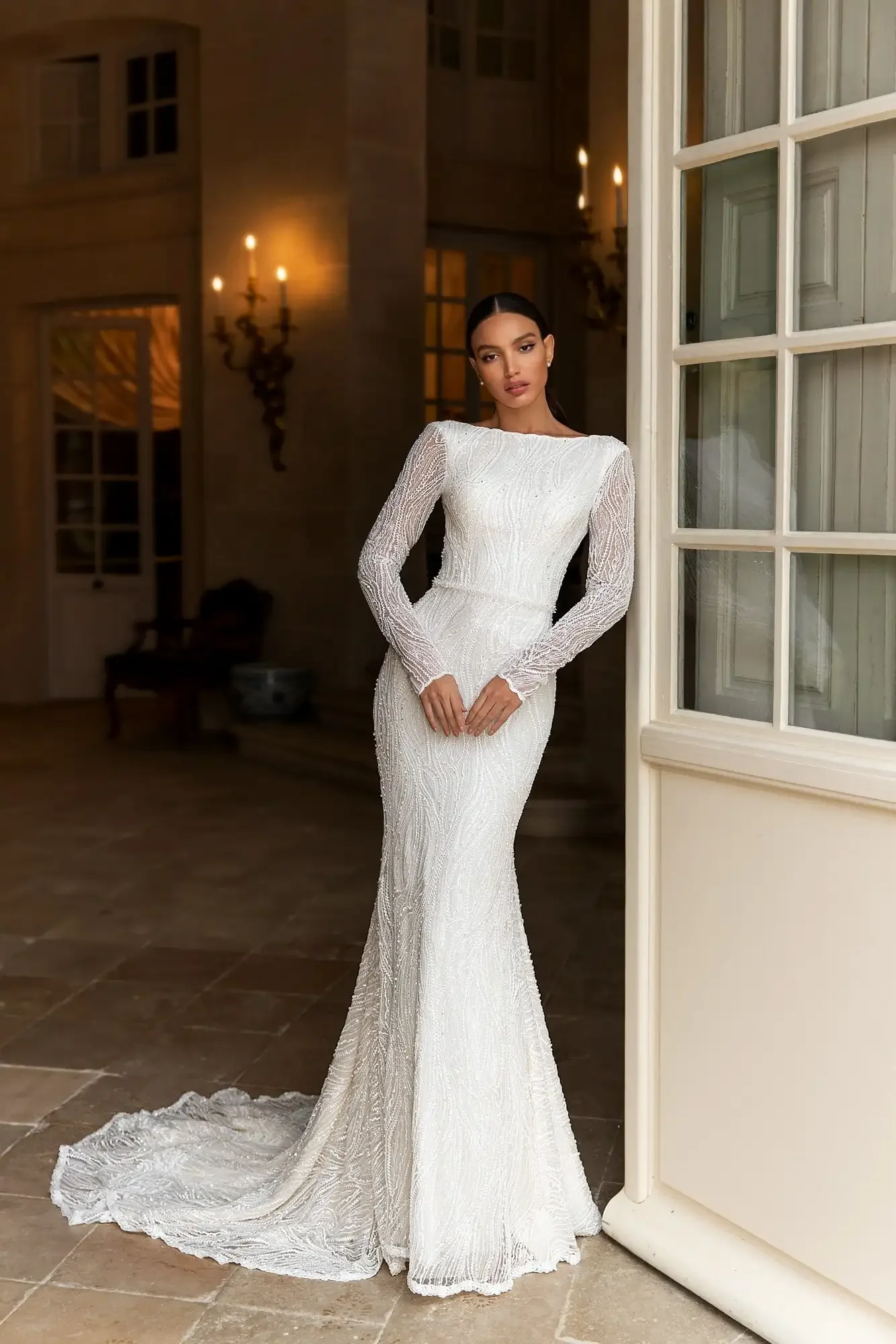 

Flavinke Customized Elegant Lace Mermaid Wedding Dresses 2025 Long Sleeve Bridal Gowns Appliques Arabic Country Sweep Train