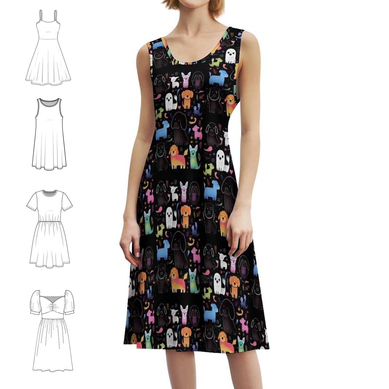 نمط ملون للكلاب الرائعة فستان بوهيمي عتيق بأكمام منتفخة أو خيارات بلا أكمام للنساء فستان الكلاب رائع لطيف