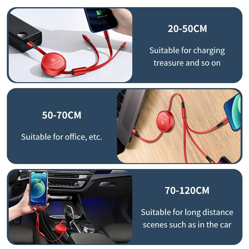 Retractable 3 In 1 Usb Cable for iPhone & Micro USB & Type C For Mercedes Benz CLK GLC W212 C200 C300 W203 W204 W205 W169 W176 - view 3