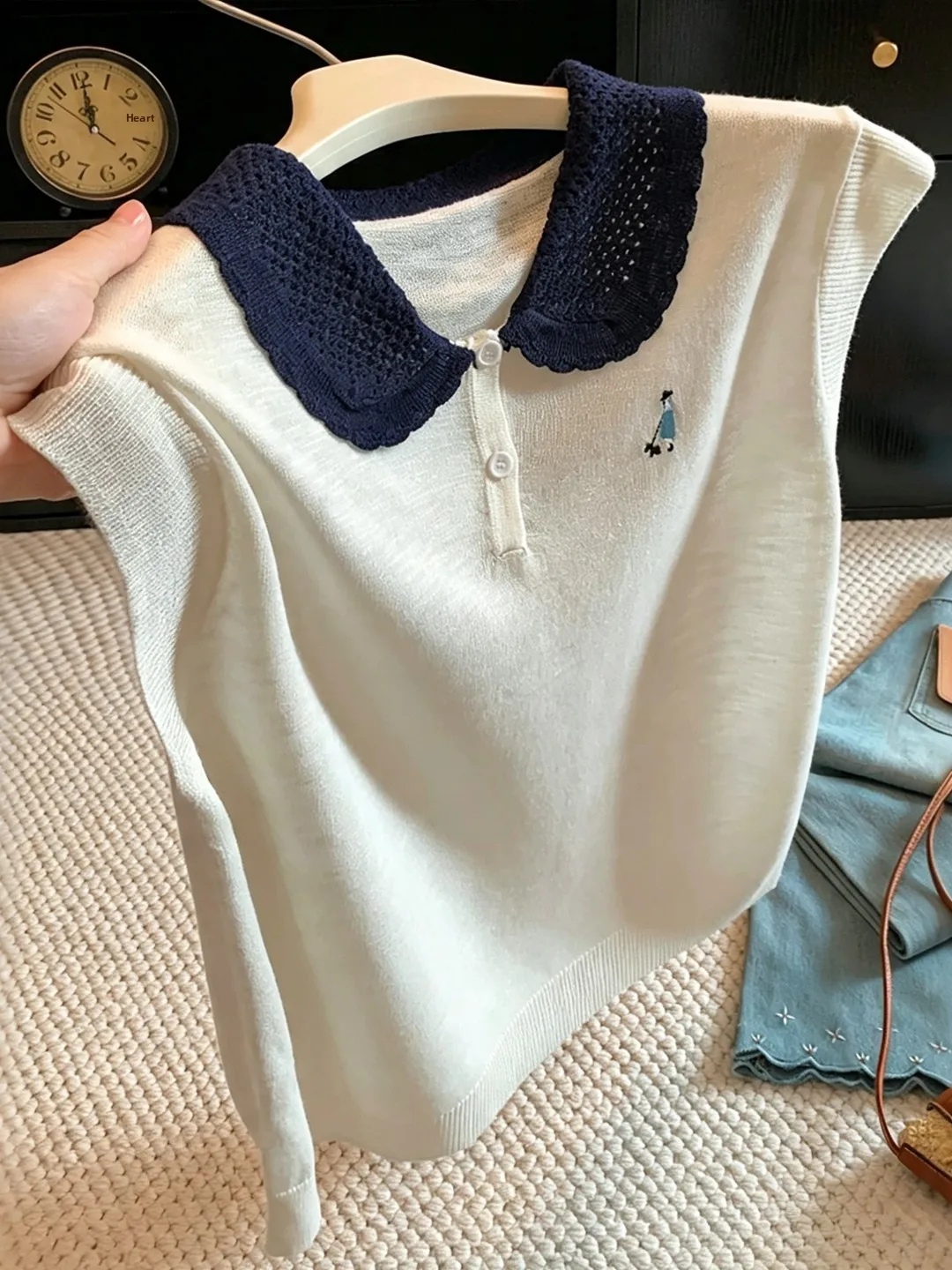 Women's Summer Slim Fit Knitted  Neck Embroidered Hollow out Stitching Trendy Top Casual Comfortable Soft Polyester