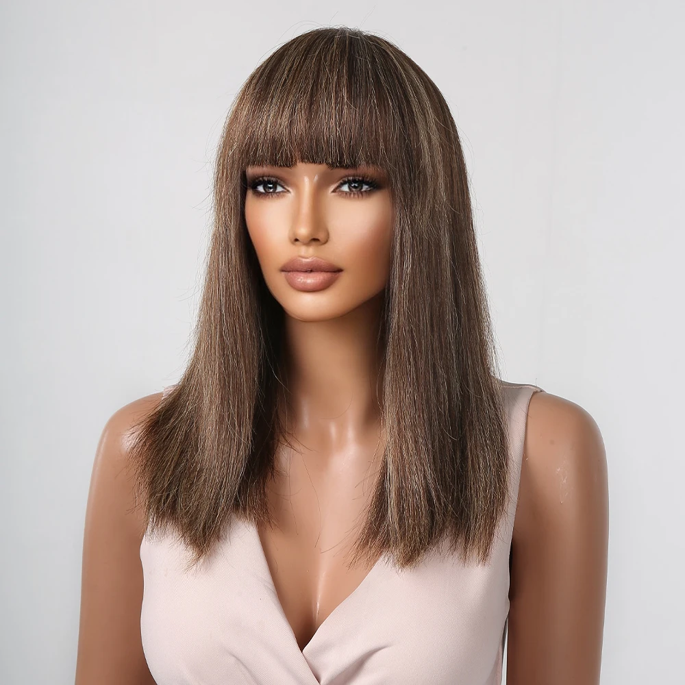 HAIRCUBE Straight Bob Human Hair Wigs with Bangs Brown Highlights Wig Ombre Honey Fring Colored Remy Human Hair Wigs for Women