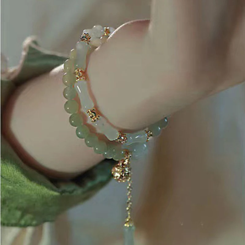 Hetian Jade Bamboo Knot Bracelet Vintage Neo-Chinese Style Premium Gold Silk with Jade Pumpkin Bead Handchain Accessory