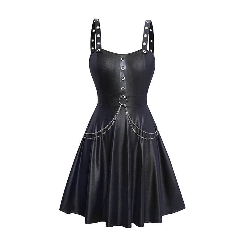 

Womens Gothic Dresses Solid Color Grommets O Ring Chain Decor Dress Sweetheart Neck Sleeveless Tank Dress Black Dresses