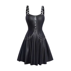 Damskie sukienki gotyckie Jednokolorowe przelotki O Ring Chain Decor Dress Sweetheart Neck Sleeveless Tank Dress Black Dresses