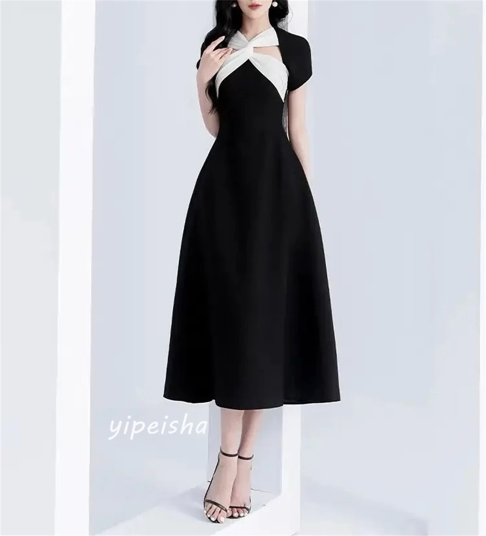 Jiayigong  Classic Modern Style Formal Evening V-Neck A-line Pleat Tea-Length Satin  Dresses