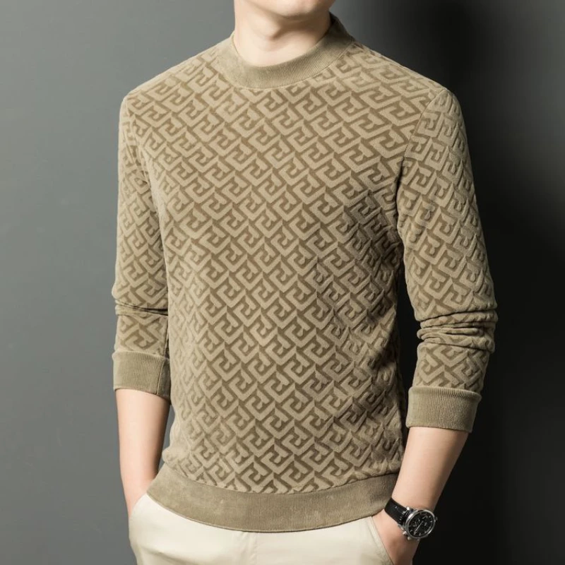 Thickened and Warm Printed Men's O-neck Base Shirt for Autumn and Winter, Solid Color Stretchy Pullover Sweater.