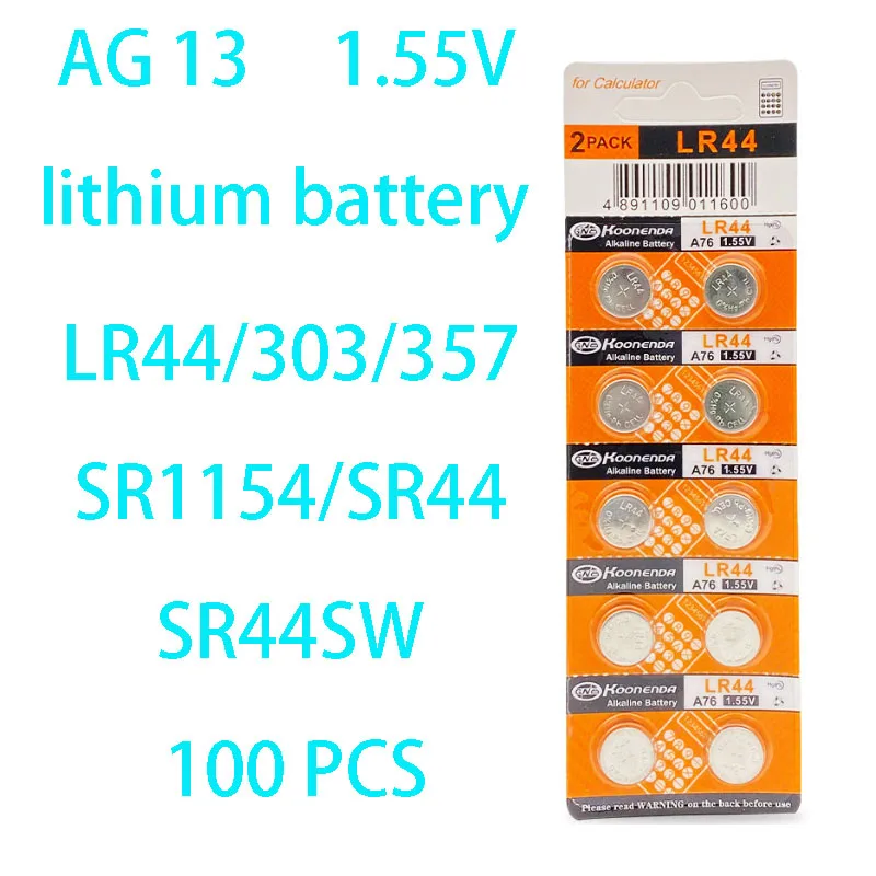 50Pcs 1.55V AG13 LR44 L1154 RW82 SR1154 SP76 pila SR44 Button Batteries A76 LR1154 GP7 Cell Coin Watch Toys Remote Battery