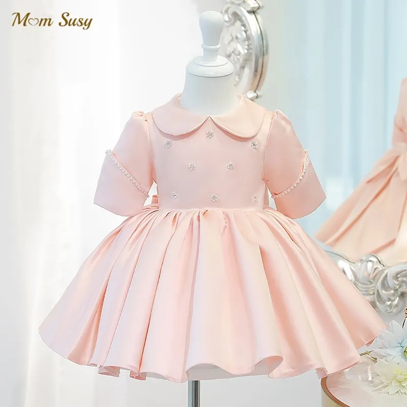 Baby Girl Princess Pearl Beading Dress Half Sleeve Child Vintage Bow Vestido Peter Pan Collar Party Pageant Birthday Frocks 1-7Y