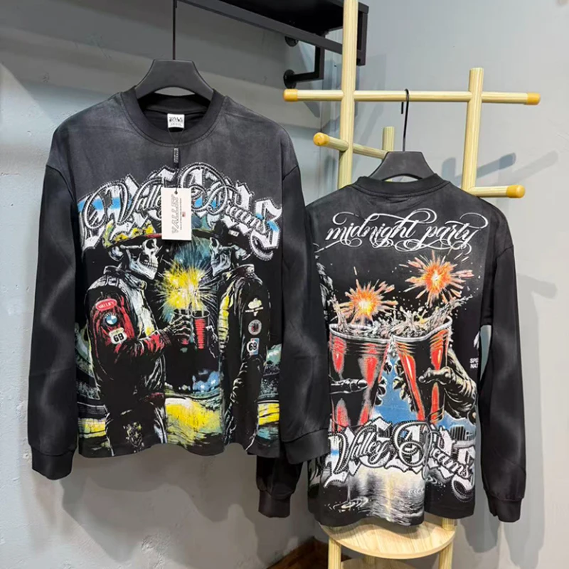New VALLEY Unisex Graphic Washed Long Sleeve T‑Shirt Dual Skeleton Cowboy Vintage Print Rhinestone Letter Baggy Street Te