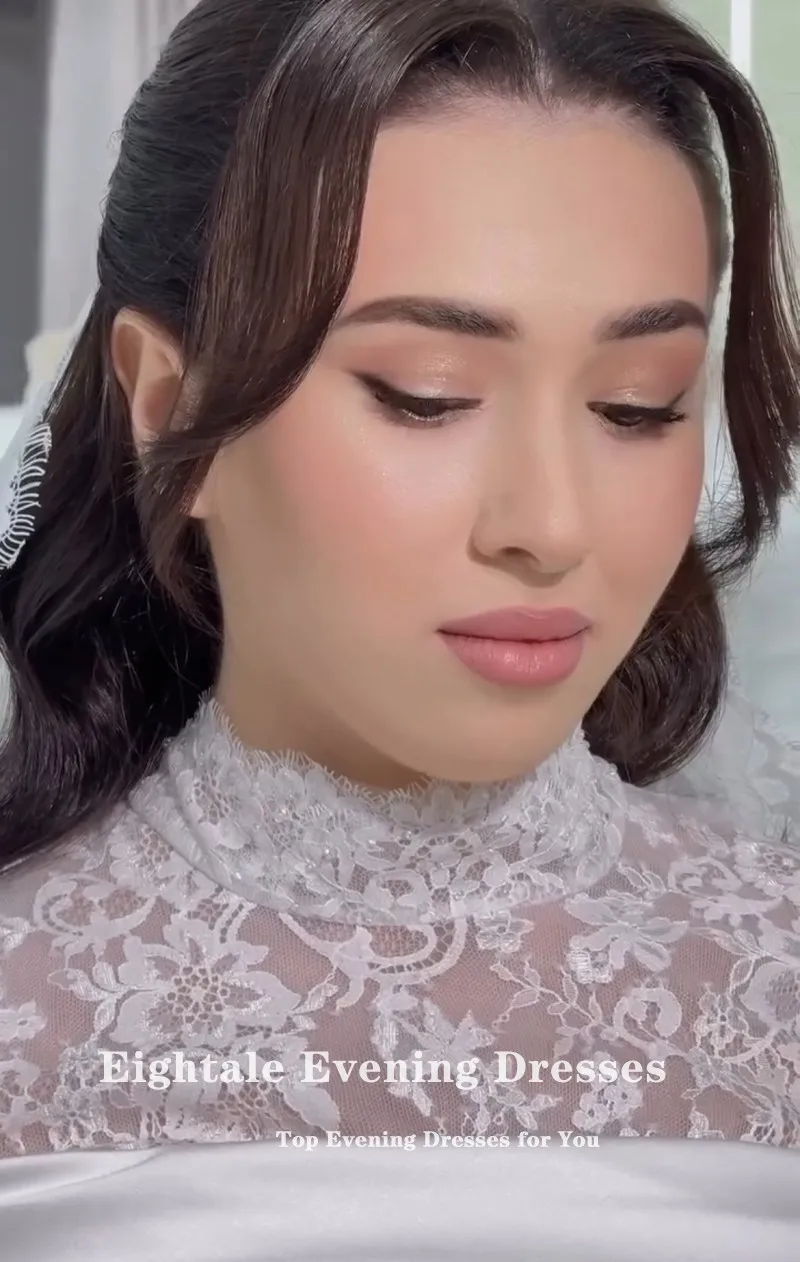 Eightale 아랍어 웨딩 드레스 높은 목 맞춤형 이슬람 인어 새틴 레이스 긴 소매 신부 가운 Vestidos De Novia