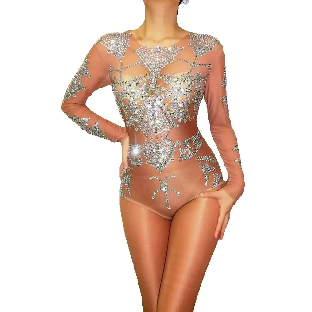 New Sexy Sparkly Rhinestones Mesh Leotard Glass Stones Perspective Bodysuit Performance Celebrate Dance Costume Dance Clothing