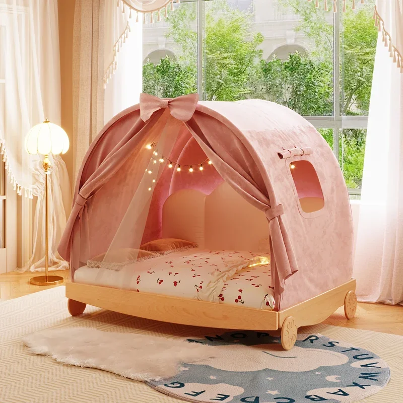 

Princess Pumpkin Car Solid Wood Girl Telescopic Bed Pull Boy Tree House Tent Cream Wind Bed