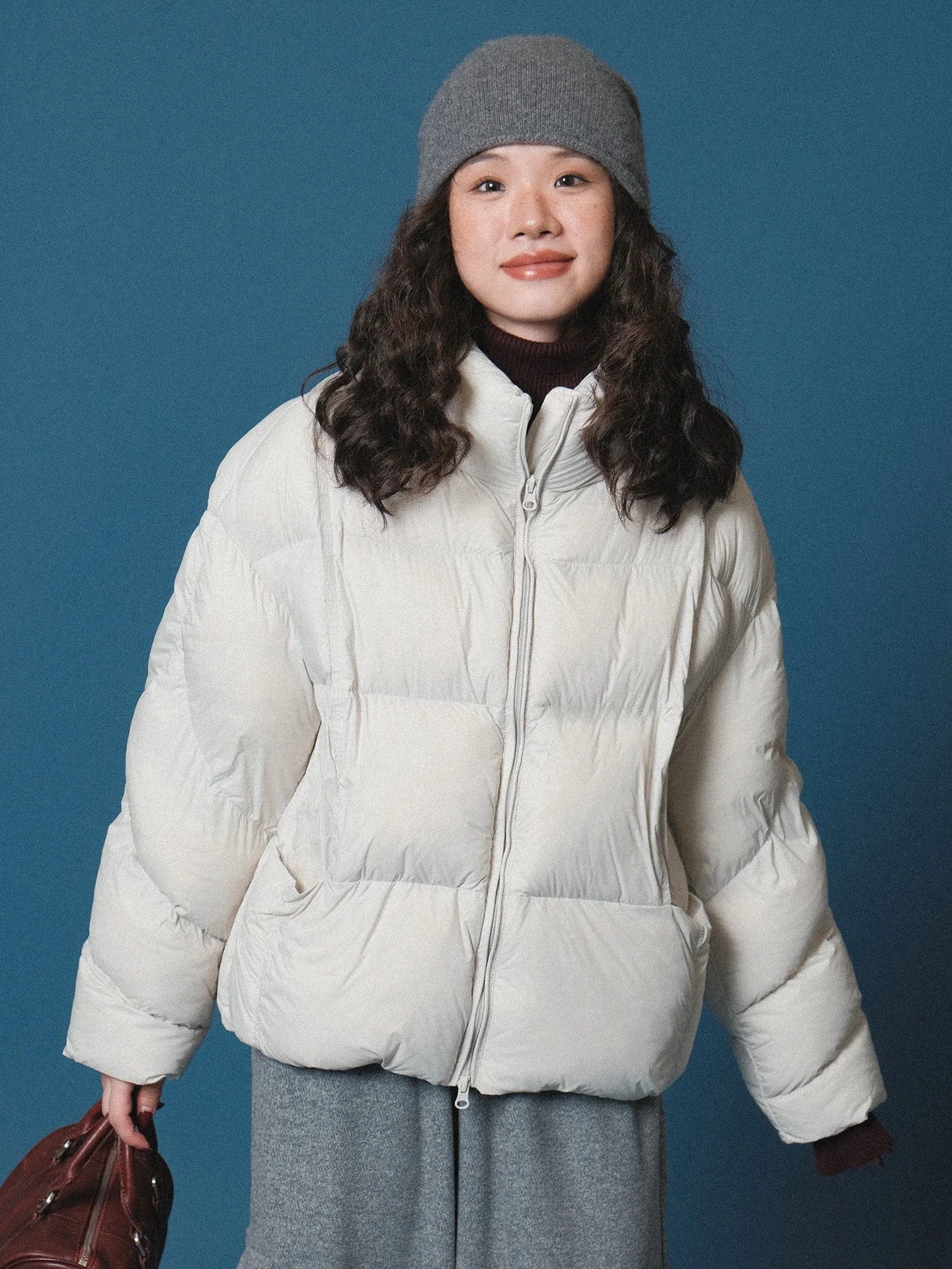 

Warm Ivy Yang Puff Line Stand Collar Fluffy Women's Winter Jaet Pure Color Bread Sle Coat Casual Thi Long Sve Zipper