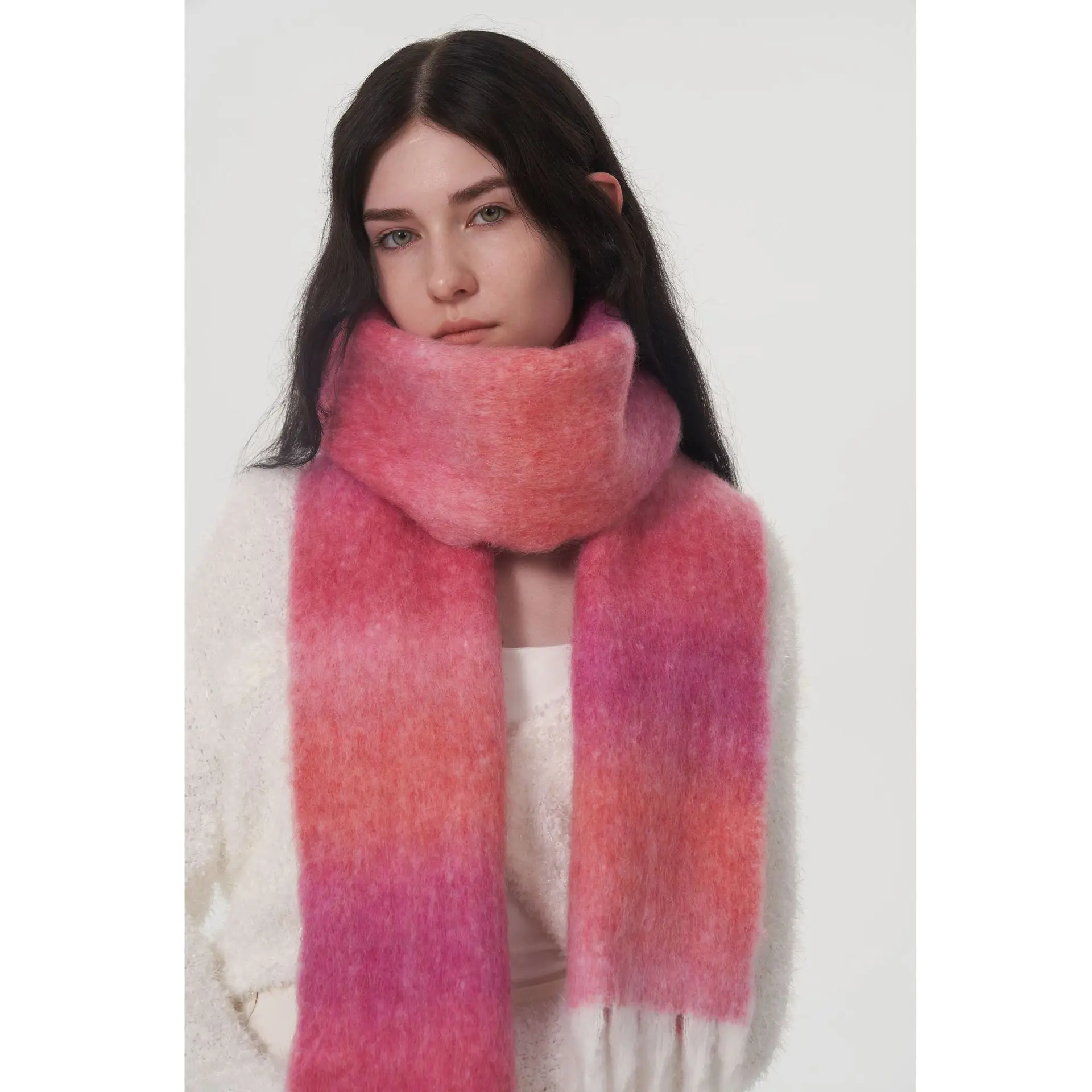 Design Light Luxury Models Scarves Gradient Color Wool Scarf Women Winter New Striped Fringed Mohair Warm Long Muffler 221CM