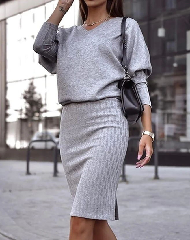 Elegant Sexy Womens Two Piece Sets Outfit V-Neck Gigot Sleeve Top & Slit Skirt Set 2023 Autumn Winter Spring New Fashion Casual