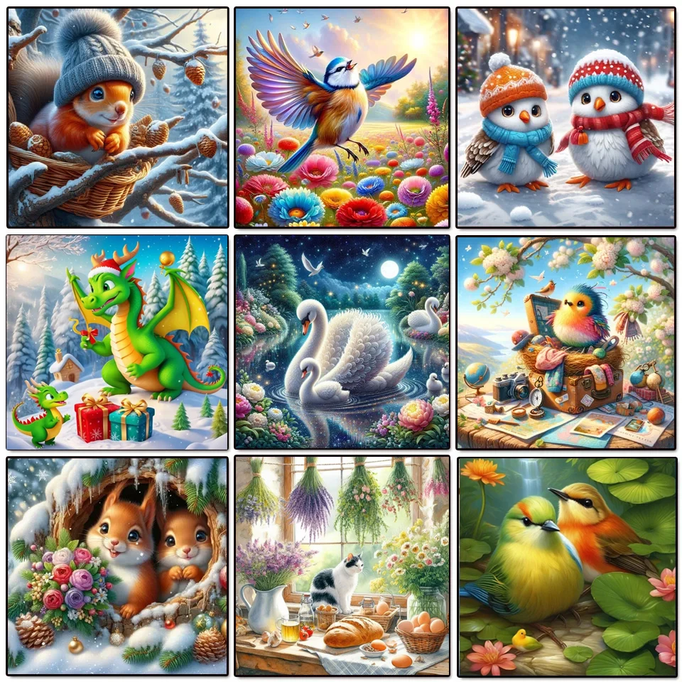 New 2024 Diamond Painting Animal Bird Squirrels Swans Cats Full Diamond Embroidery Flower Cross Stitch Kit Home Decoration Gift